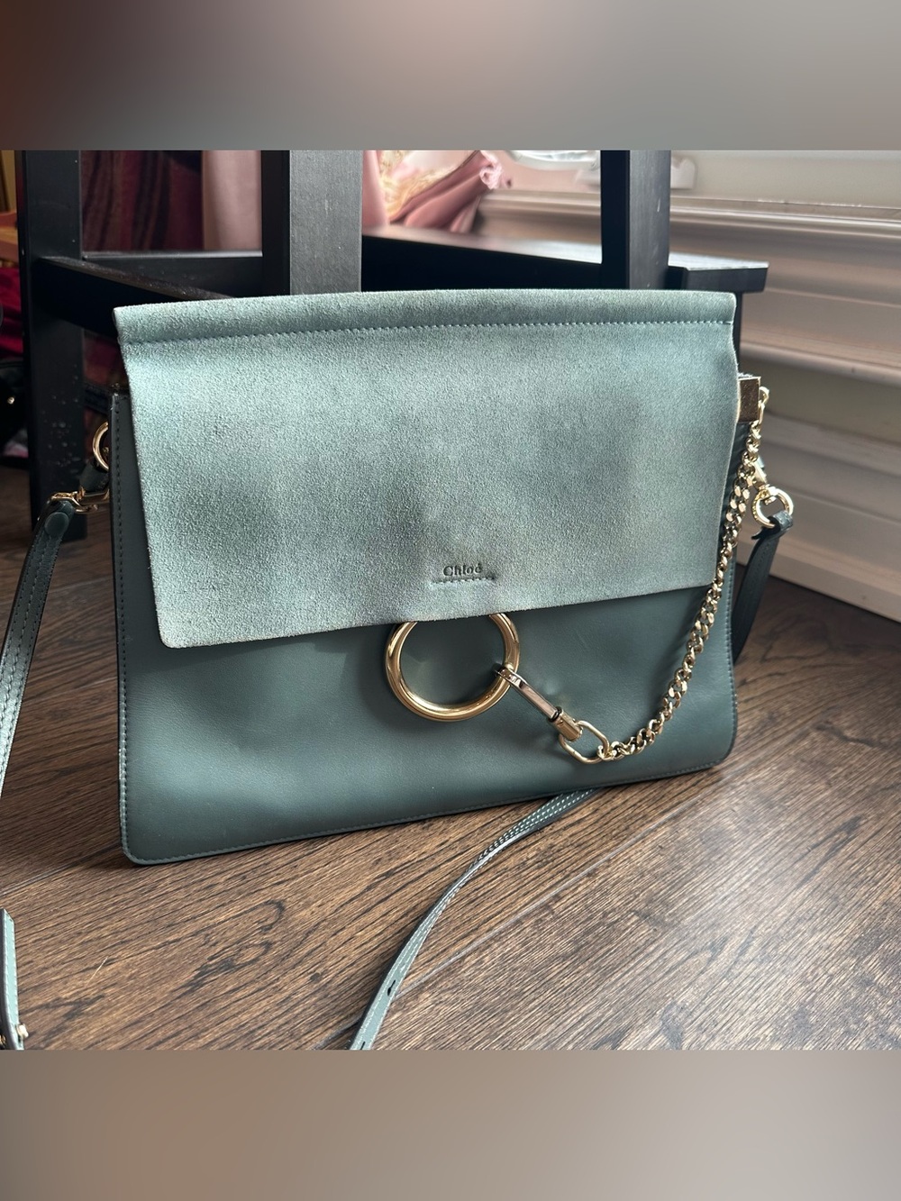 Chloe Suede Calfskin Medium Faye Shoulder Bag Cloudy Blue